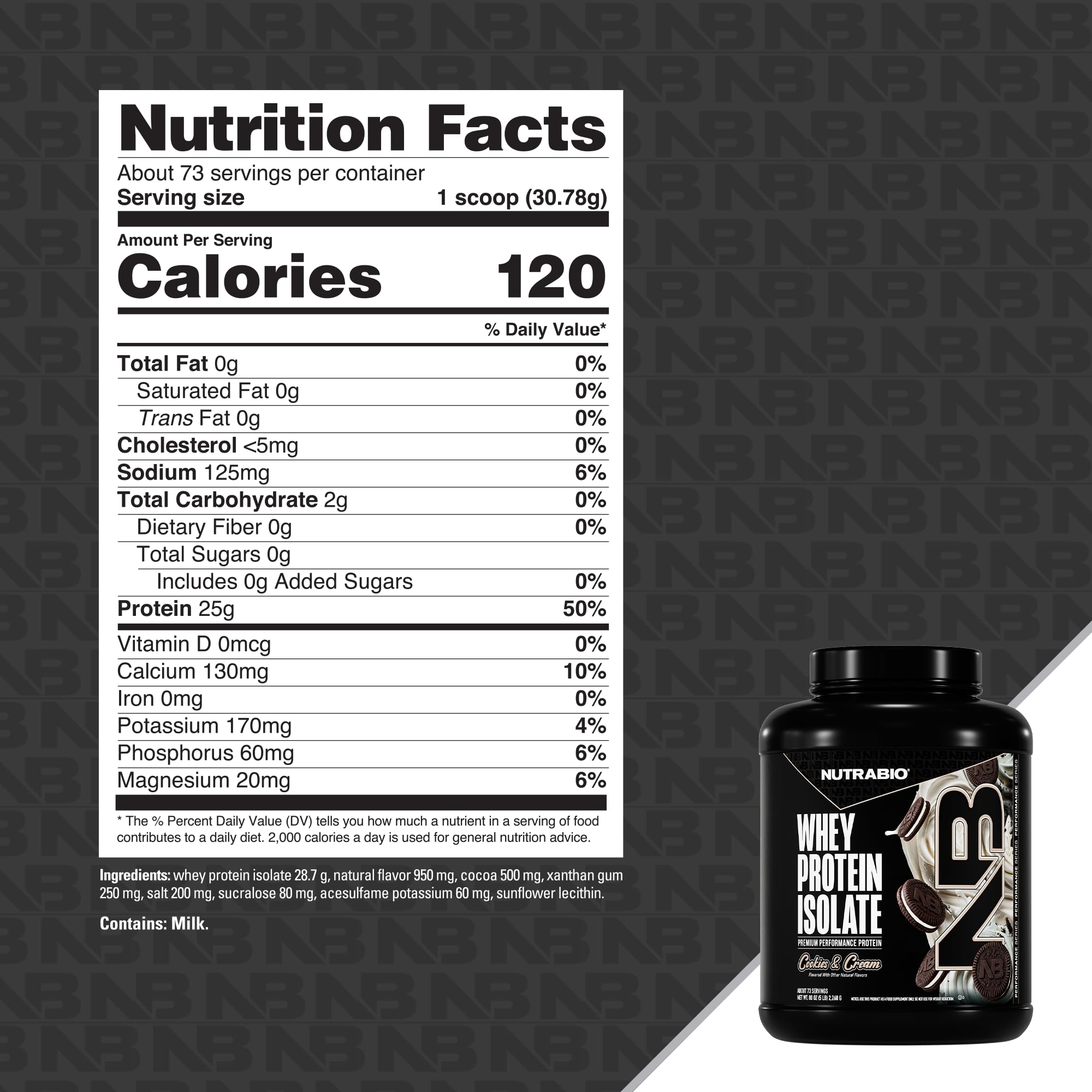 NutraBio whey isolate label close-up emphasizes full disclosure.