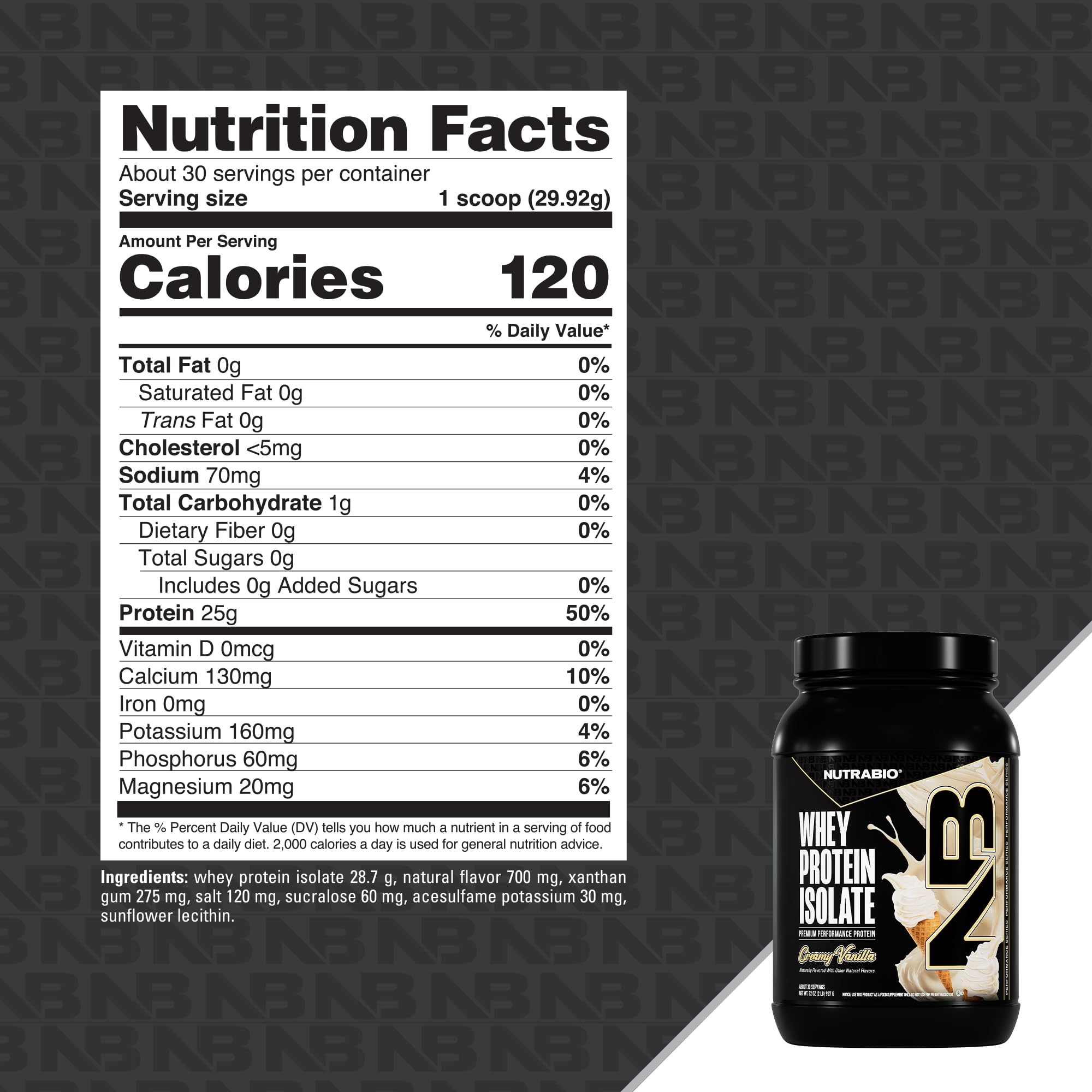 NutraBio whey isolate milk glass with scoop suggests creamy vanilla flavor