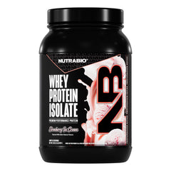 NutraBio Whey Isolate powder in strawberry flavor for convenient daily protein intake