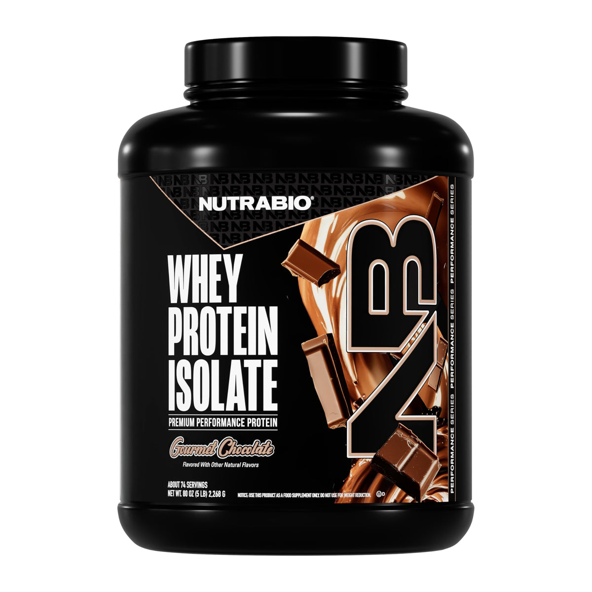 NutraBio whey isolate tub top view showing premium protein labeling