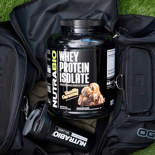 NutraBio Whey Isolate Vanilla Caramel gym bottle ready for pre or post workout