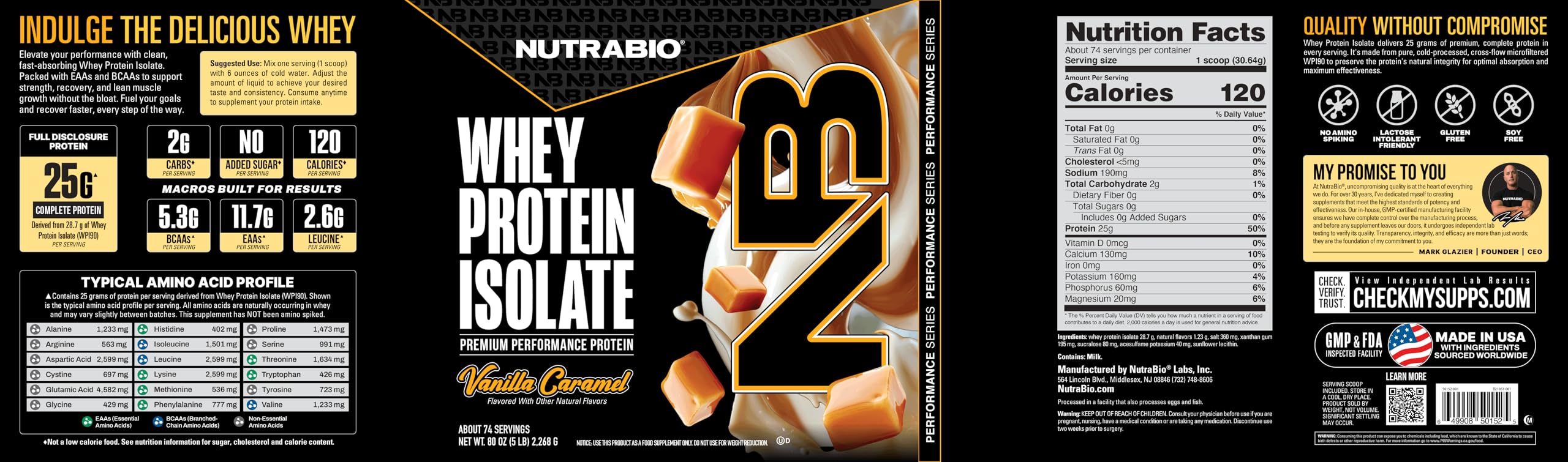 NutraBio Whey Isolate Vanilla Caramel nutrition facts panel highlights protein content