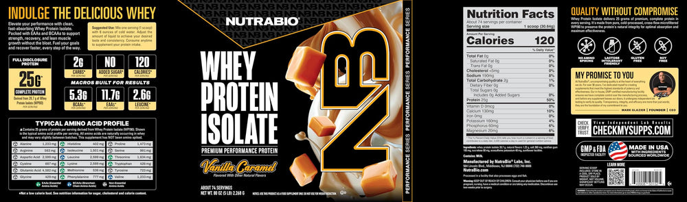 NutraBio Whey Isolate Vanilla Caramel nutrition facts panel highlights protein content