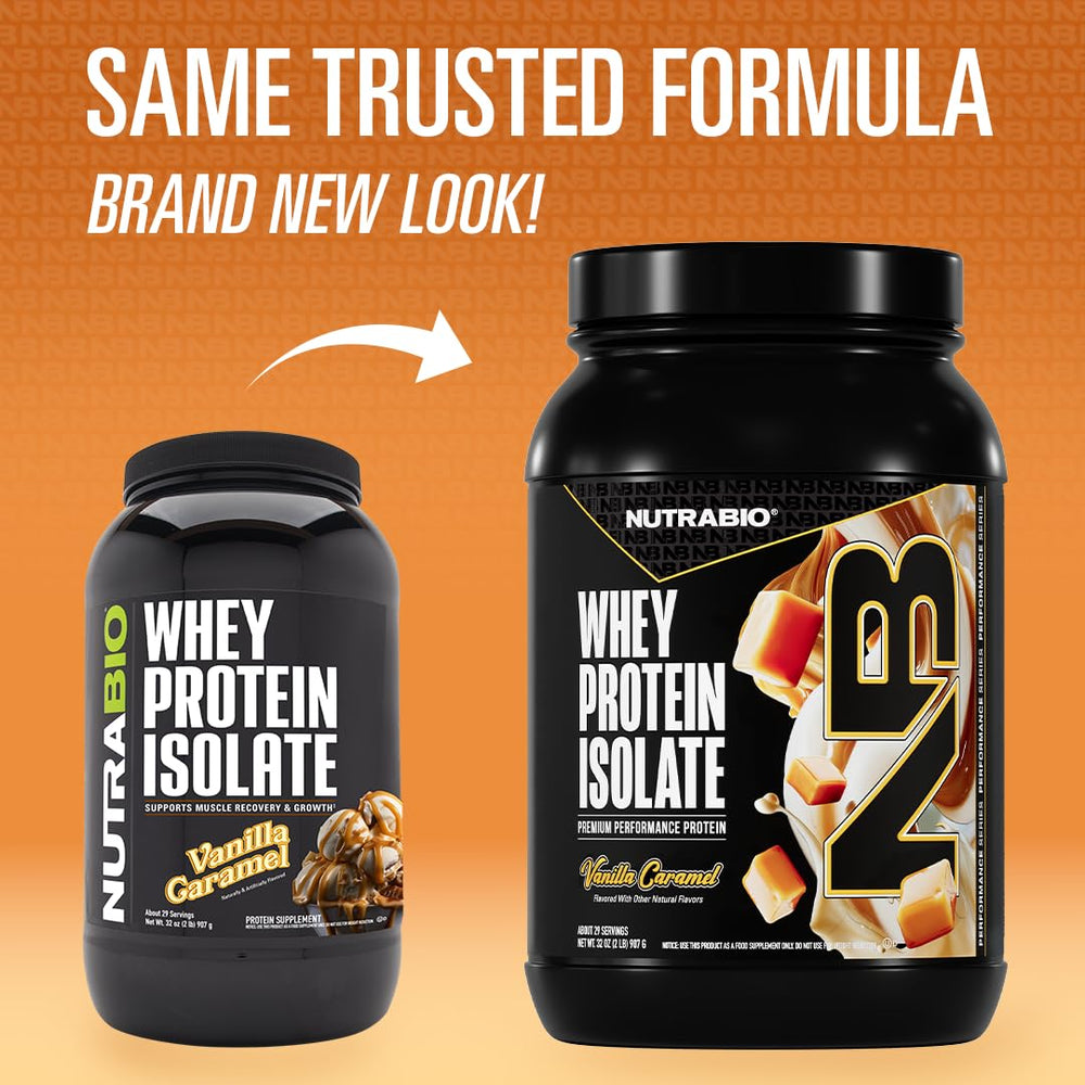 NutraBio Whey Isolate Vanilla Caramel scoop ready for quick, easy mixing