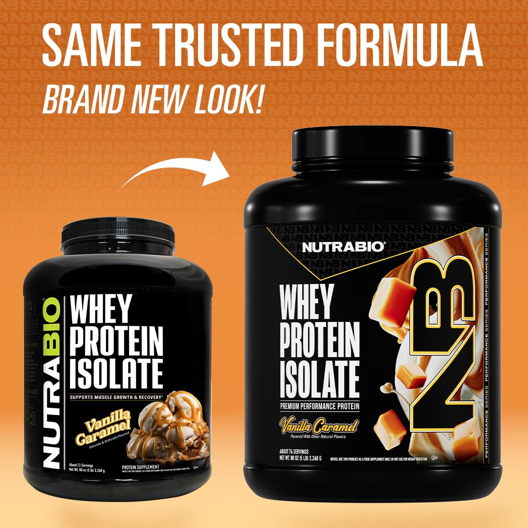 NutraBio Whey Isolate Vanilla Caramel scoop emphasizes convenient daily protein intake