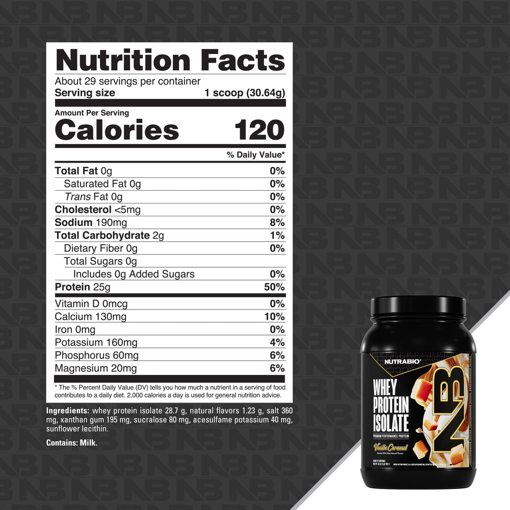 NutraBio Vanilla Caramel whey isolate in shaker for a post-workout drink
