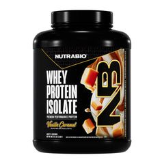 NutraBio Whey Isolate Vanilla Caramel tub showcasing premium protein for post-workout recovery