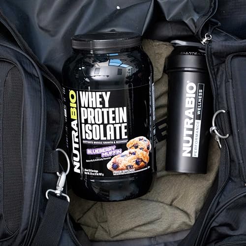 NutraBio daily routine bottle with blueberry muffin protein powder.