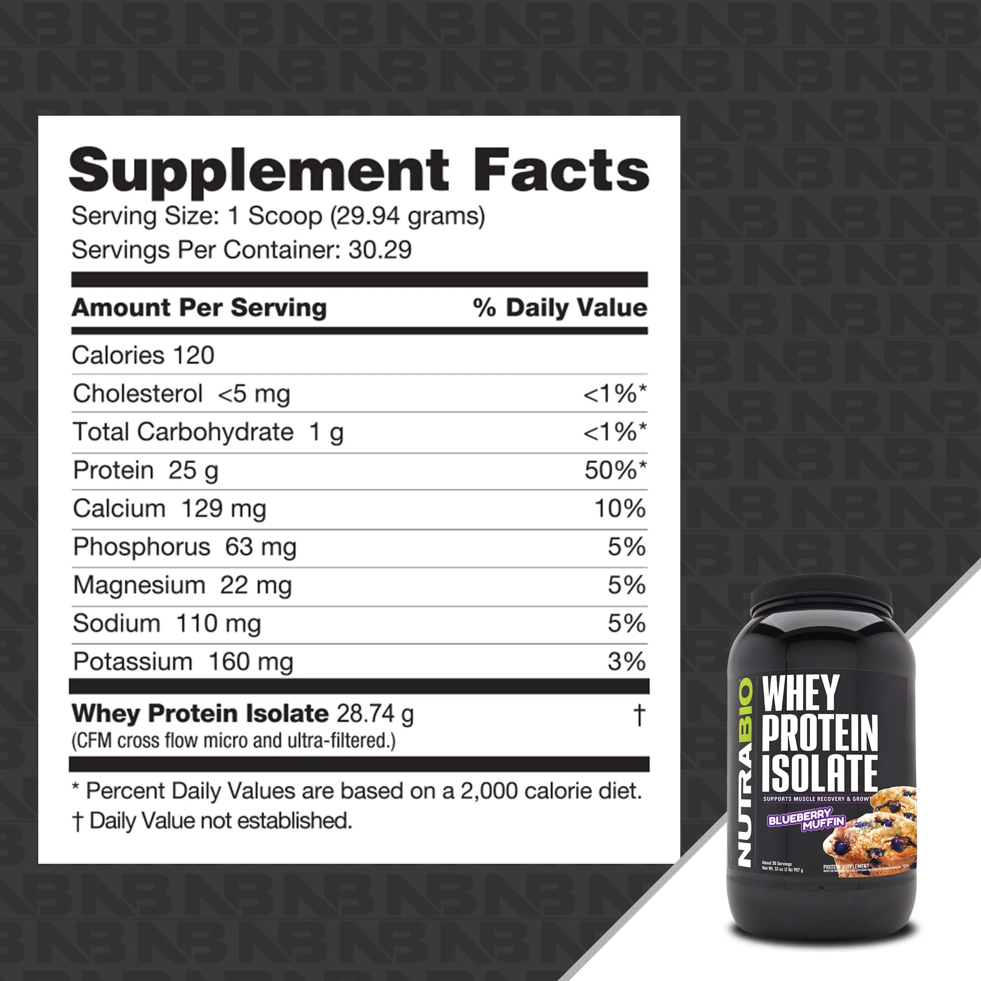 NutraBio whey isolate blueberry muffin scoop highlights precise serving.