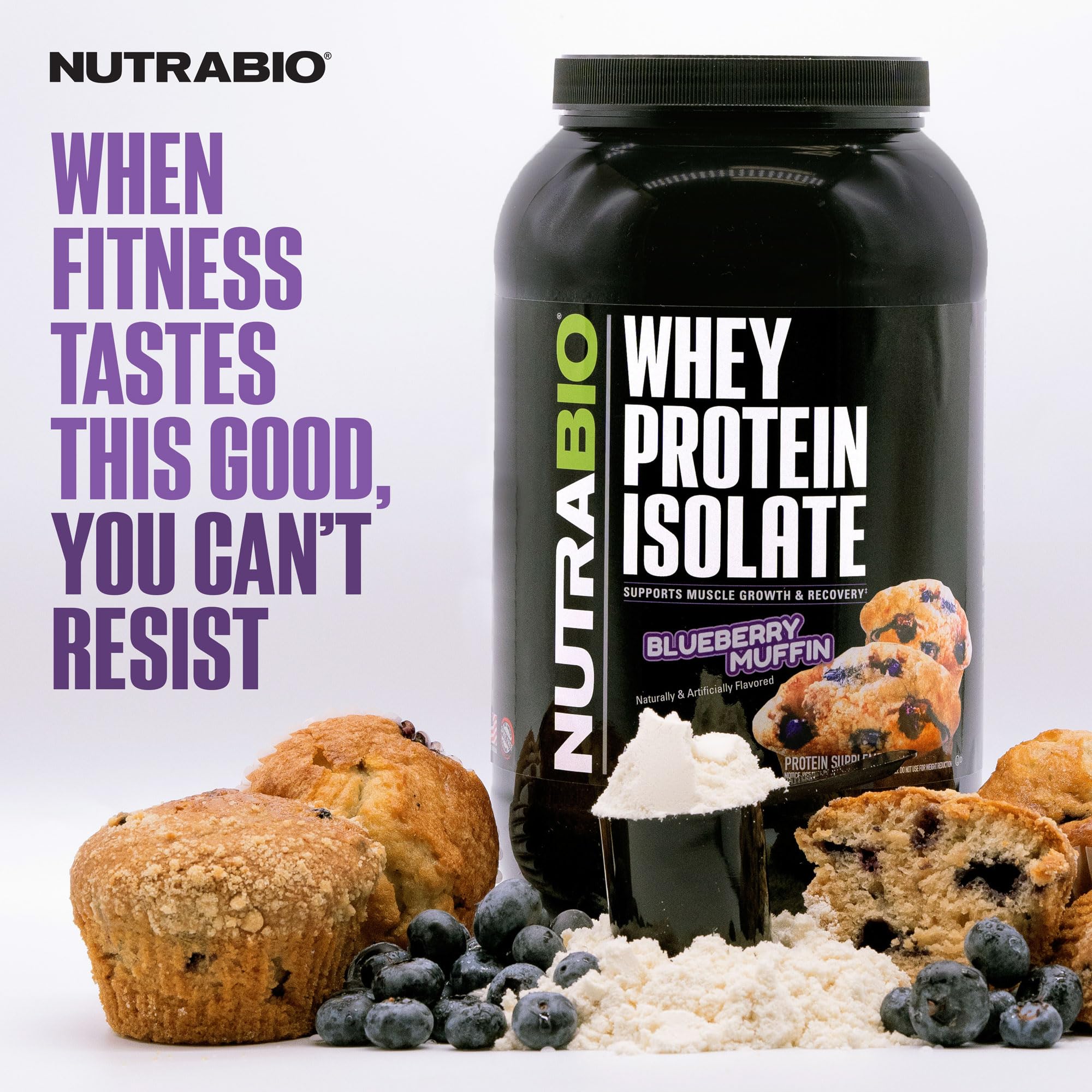 NutraBio whey isolate blueberry muffin shake glass showing creamy drink.