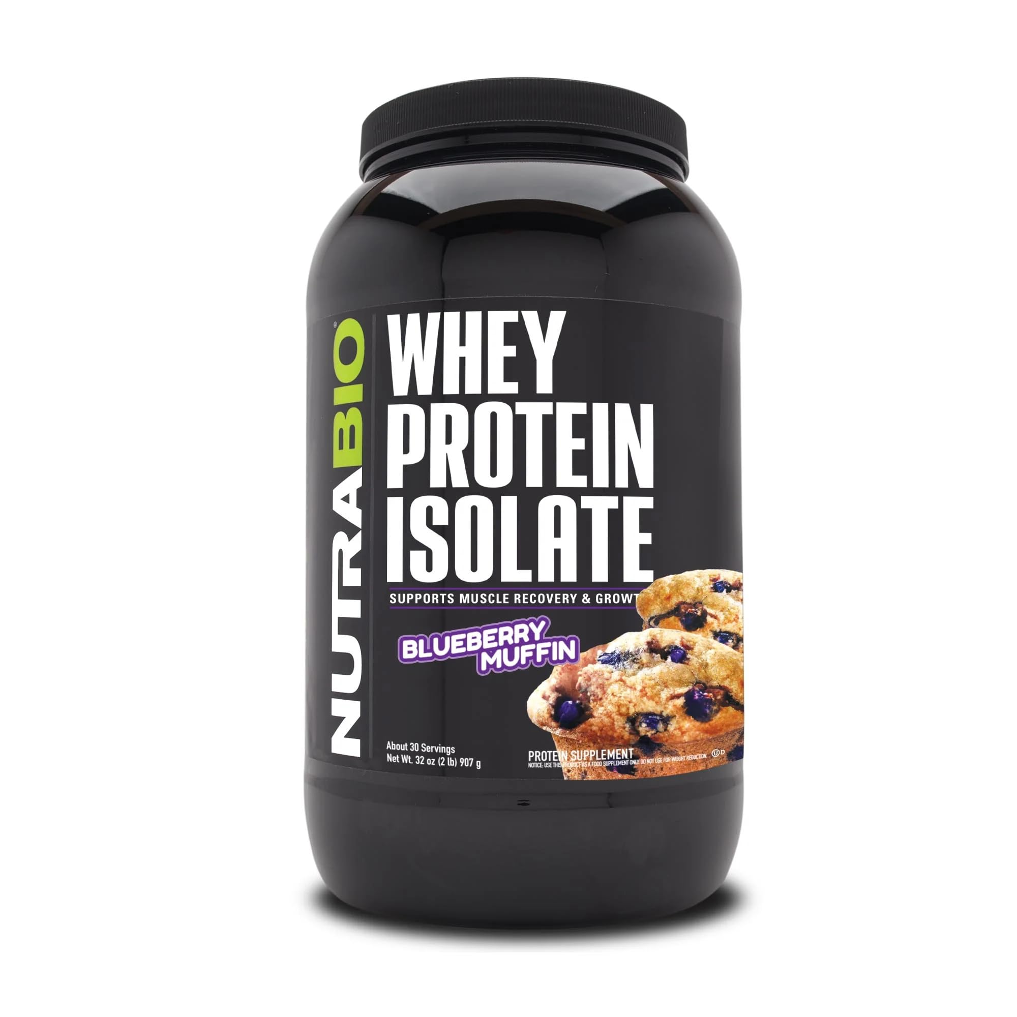NutraBio whey isolate blueberry muffin tub ready for post-workout protein.