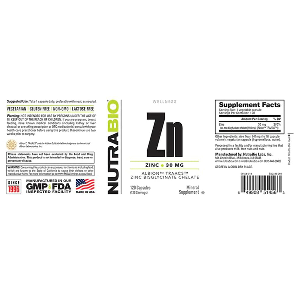NutraBio Albion Zinc Bisglicinato quelado para mayor biodisponibilidad.