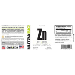 NutraBio Albion Zinc Bisglicinato quelado para mayor biodisponibilidad.
