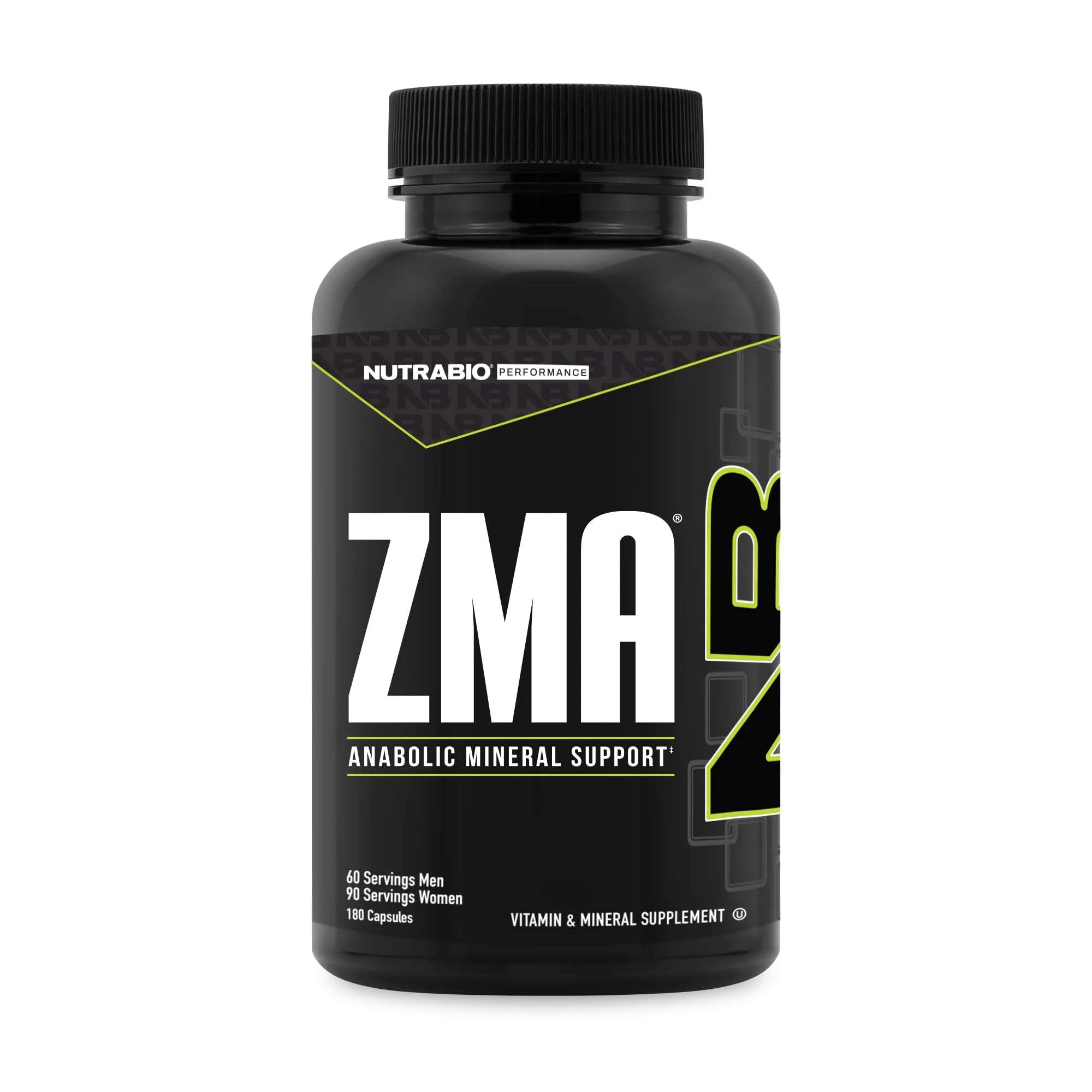 NutraBio ZMA bottle front with capsules for recovery support.