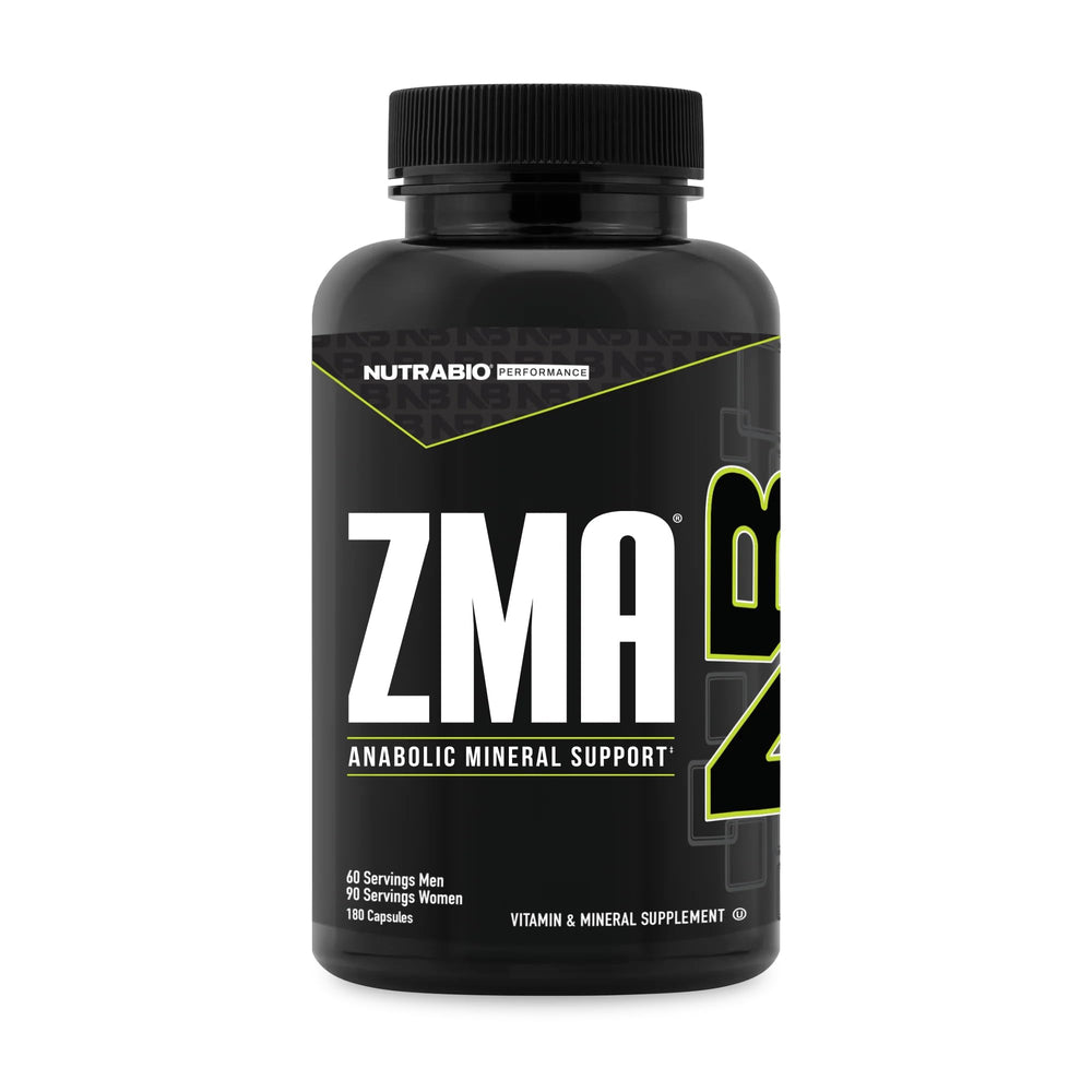 NutraBio ZMA bottle front with capsules for recovery support.