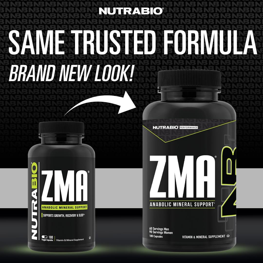 NutraBio ZMA capsules close-up highlighting mineral blend for athletes.