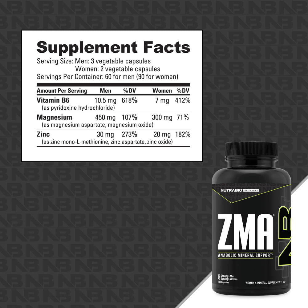 NutraBio ZMA label detail showing zinc, magnesium, and B6 information.