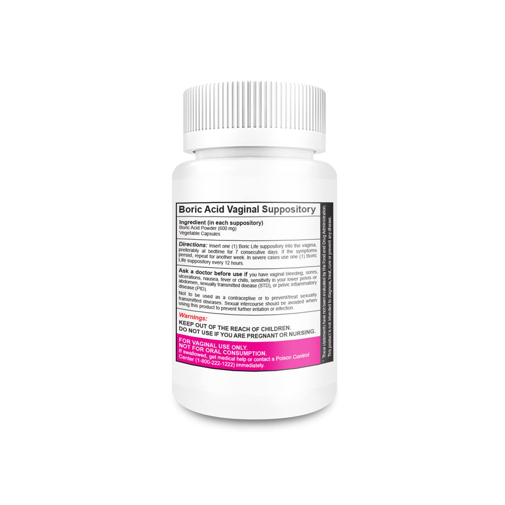 NutraBlast Boric Acid Suppositories bottle highlights simple nightly use.