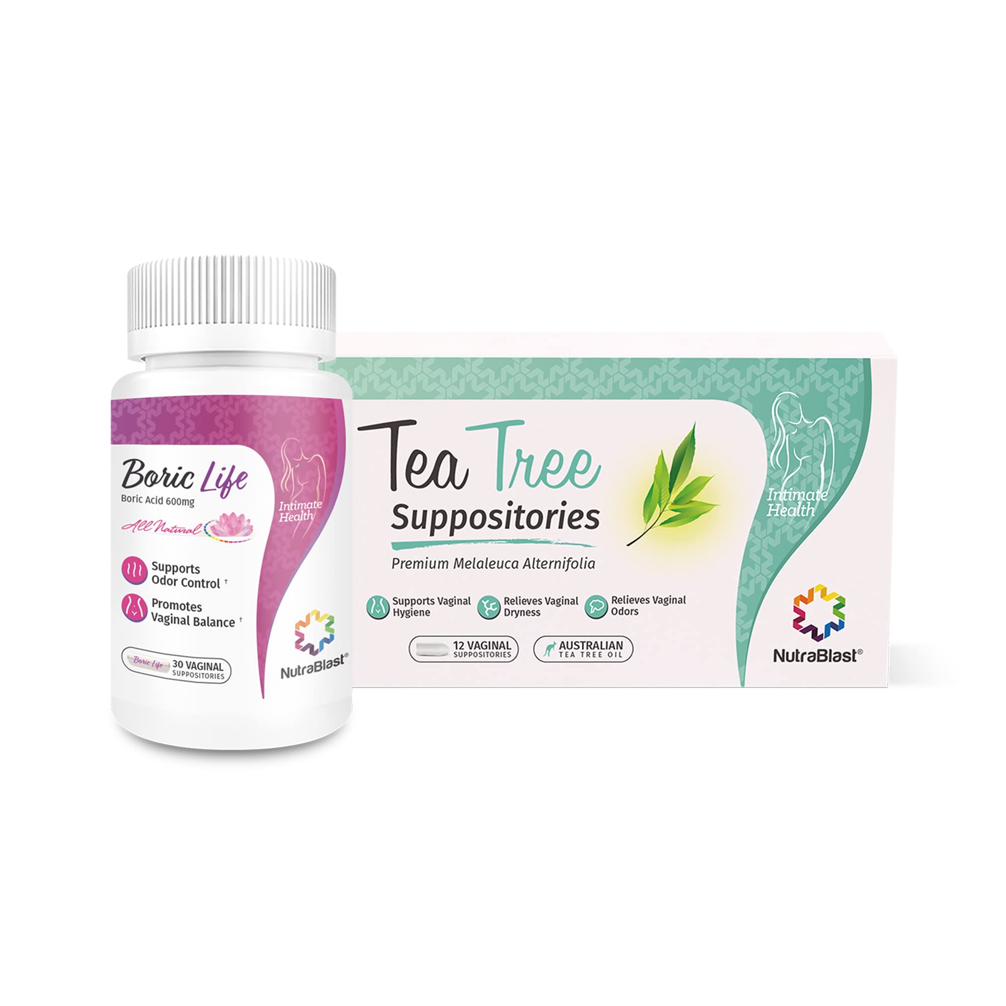 NutraBlast boric acid vaginal suppositories 30-count packaging highlights bundle for balanced intimate care