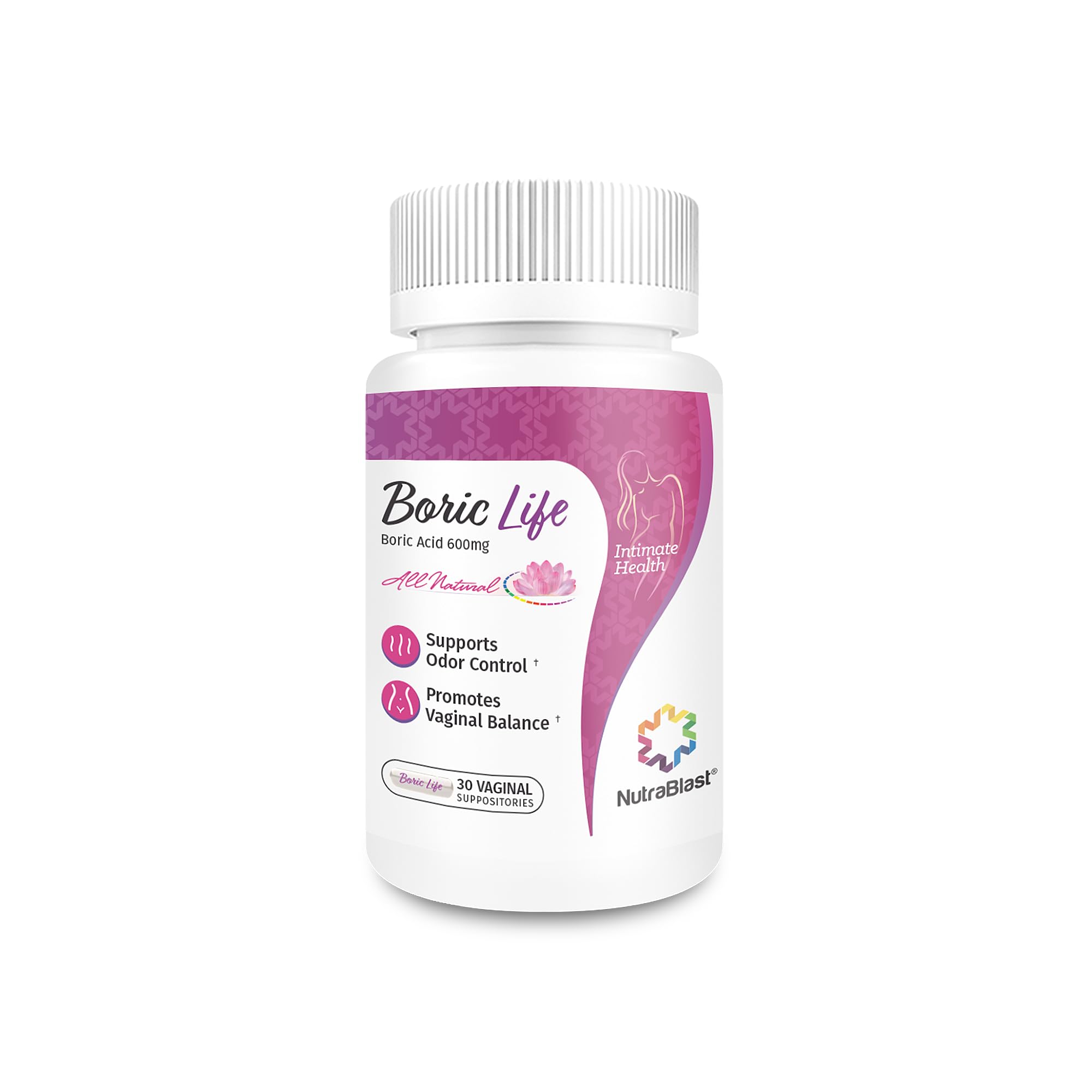 NutraBlast Boric Acid Vaginal Suppositories package with applicator supports intimate balance.