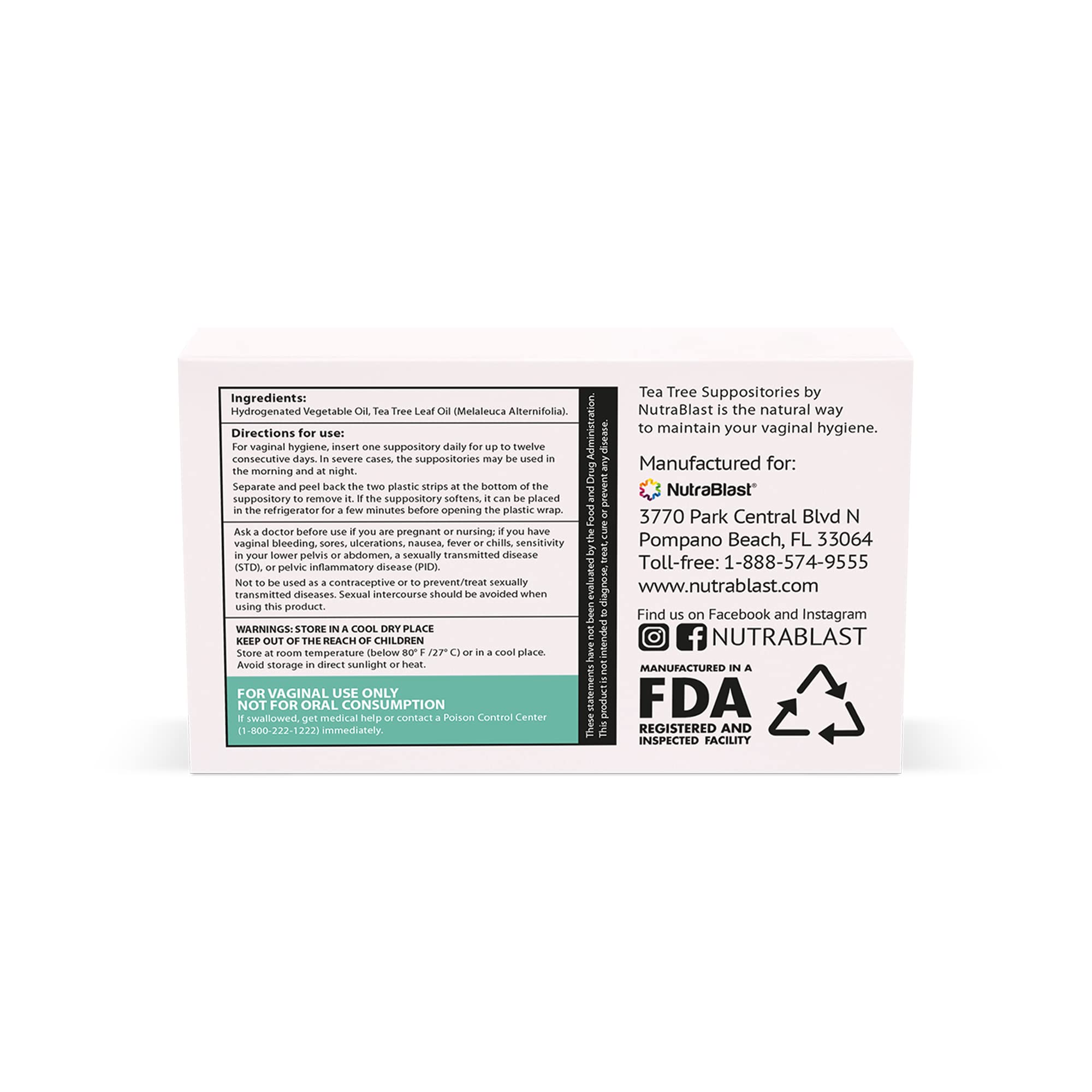 NutraBlast Tea Tree Oil Suppositories bottle for gentle scent and cleansing routines.