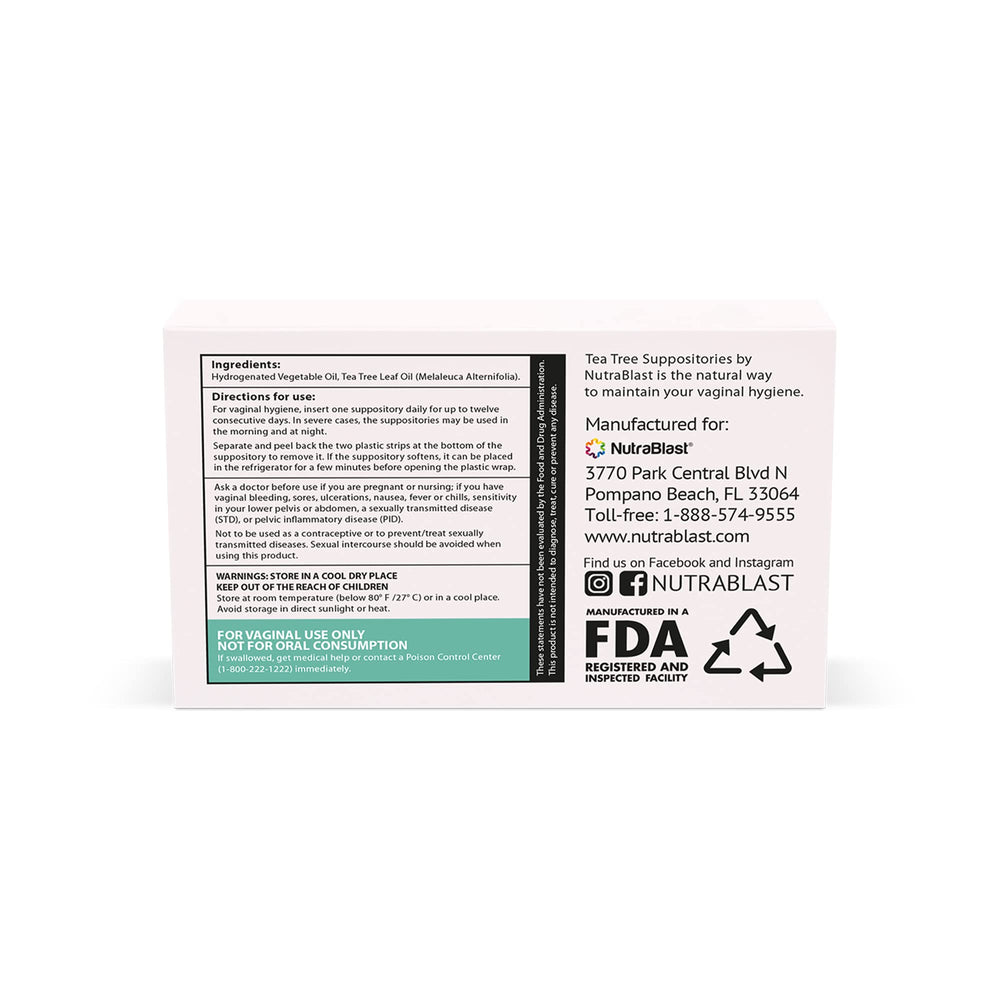 NutraBlast Tea Tree Oil Suppositories bottle for gentle scent and cleansing routines.