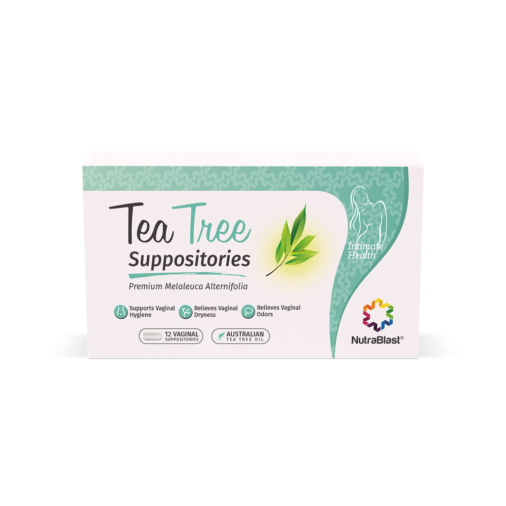 NutraBlast Tea Tree Oil Suppositories package showing natural feminine care for daily balance.