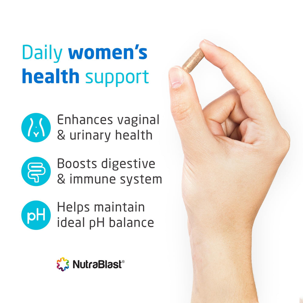 NutraBlast Vaginal Probiotics ingredients panel highlighting 6 strains and prebiotics.