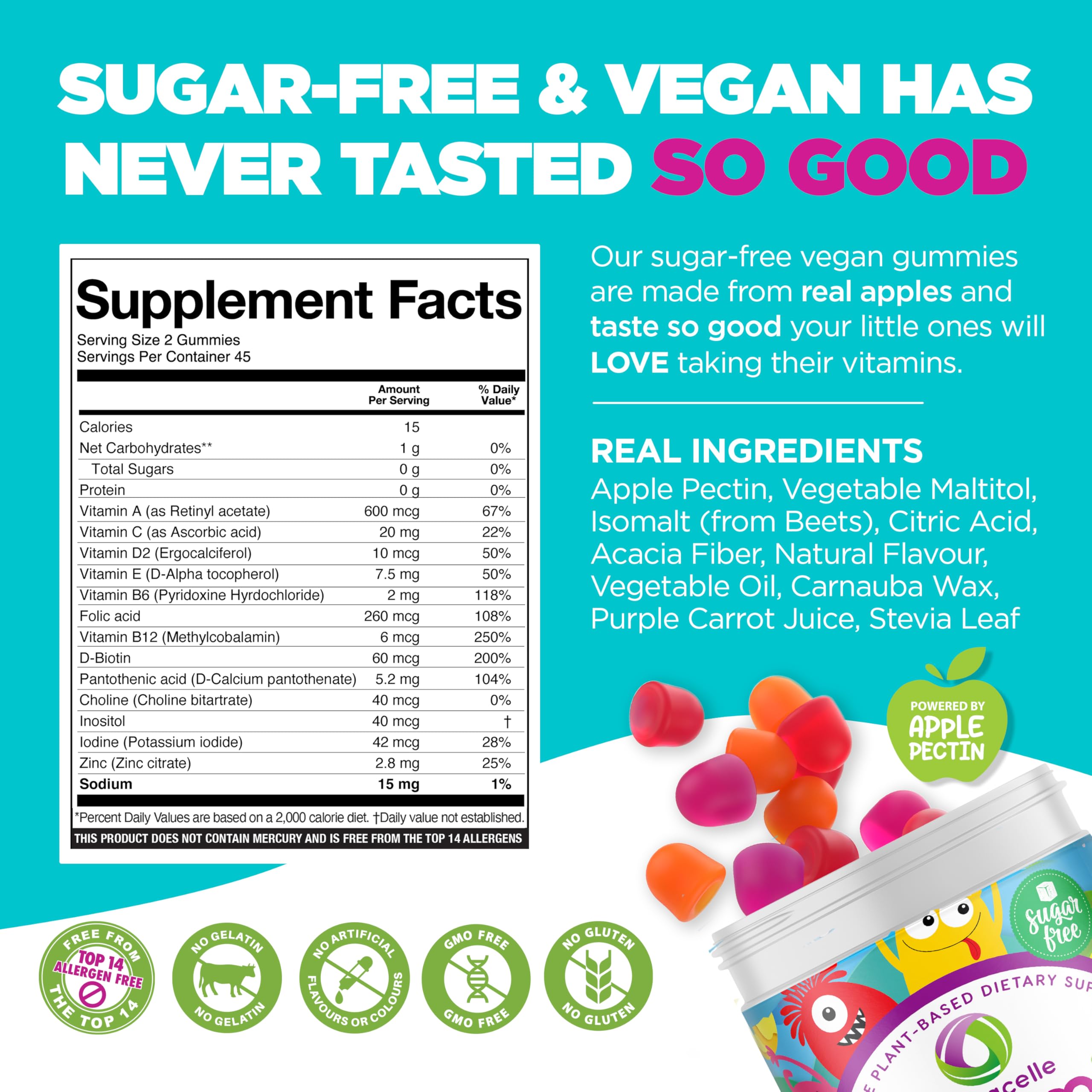 Nutracelle Nutramin cherry gummies on white background, allergen-free and kid-approved