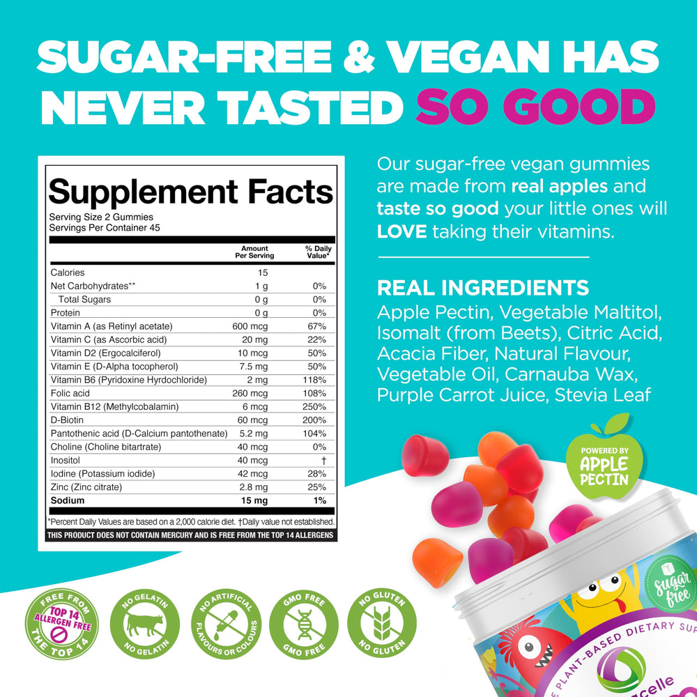 Nutracelle Nutramin cherry gummies on white background, allergen-free and kid-approved