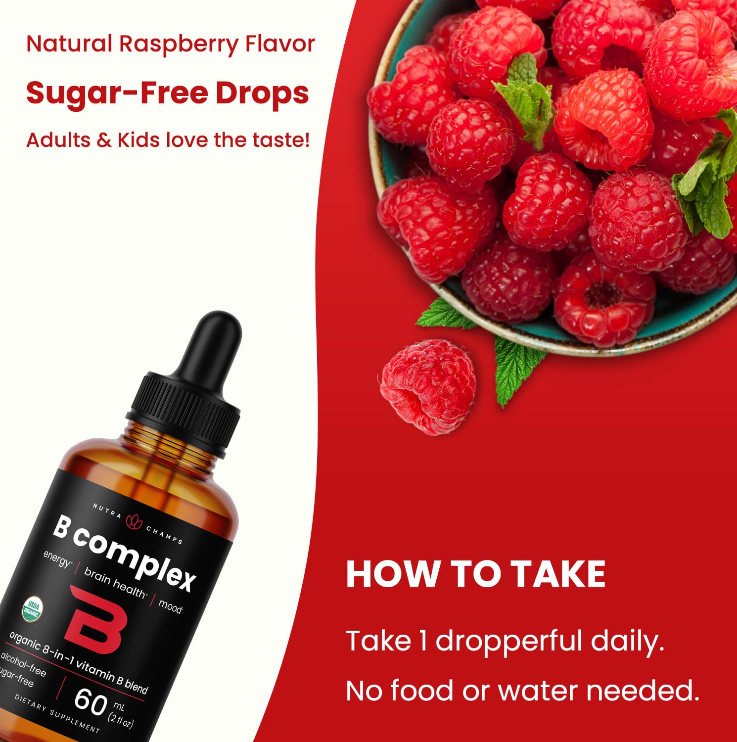 NutraChamps B Complex liquid drops dropper close-up for precise dosing.