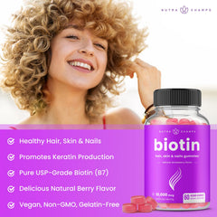 NutraChamps Biotin Gummies 10000mcg dose for potent daily hair and skin support.