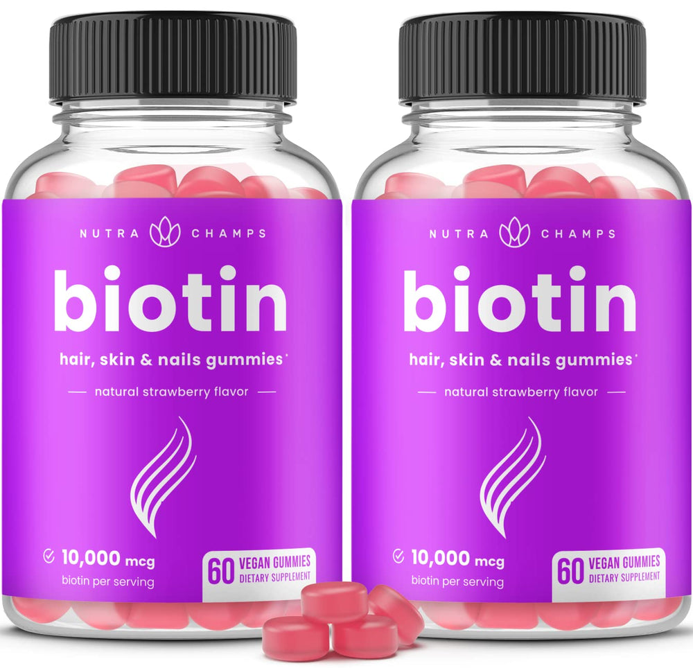 NutraChamps Biotin Gummies 2-pack bottle supports daily hair and nails.