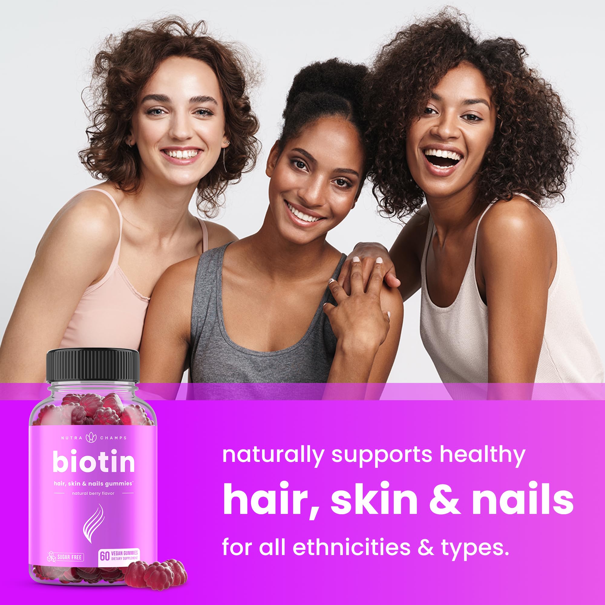 NutraChamps biotin gummies packaging and jar emphasizing lab-tested quality.