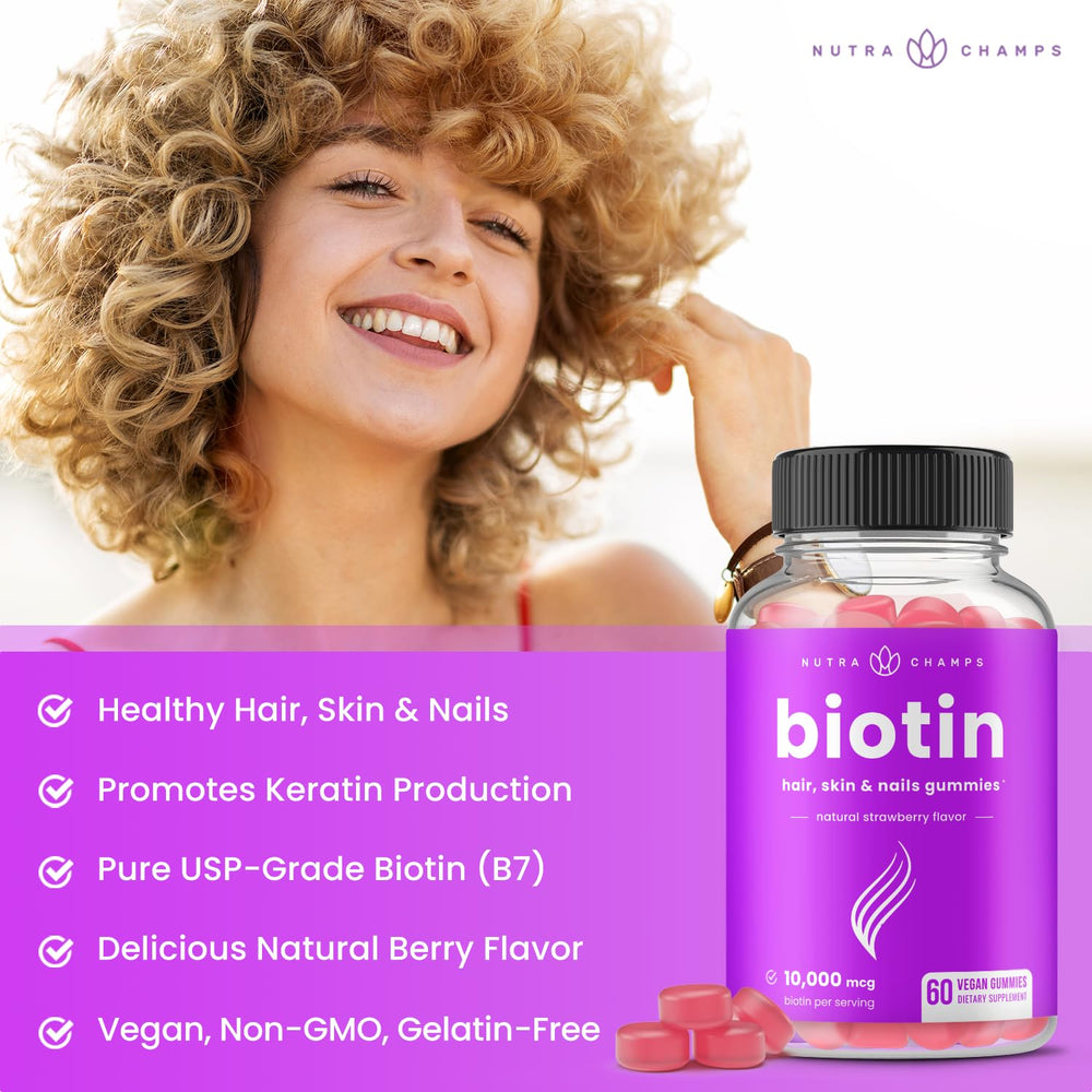 Single NutraChamps Biotin Gummy on bright surface for easy daily use.