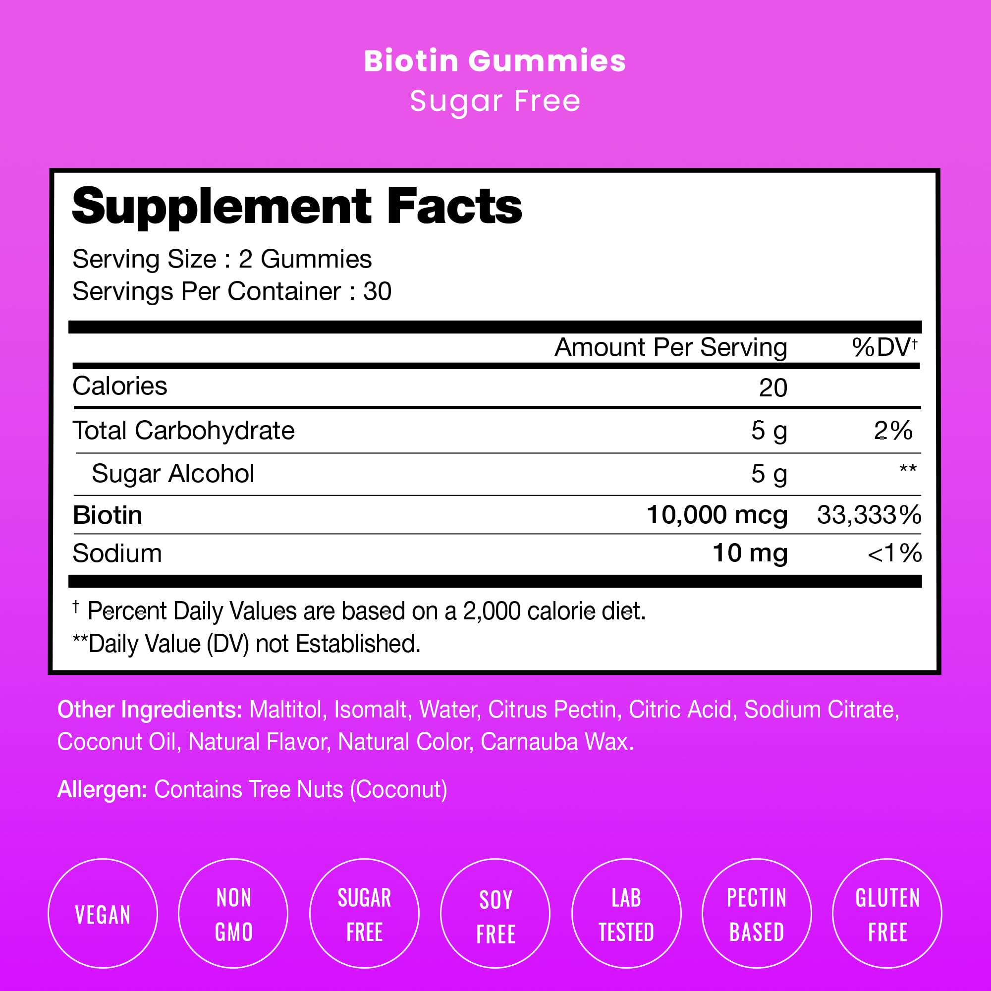 NutraChamps biotin gummies label features vegan, non-GMO, allergen-free formula.