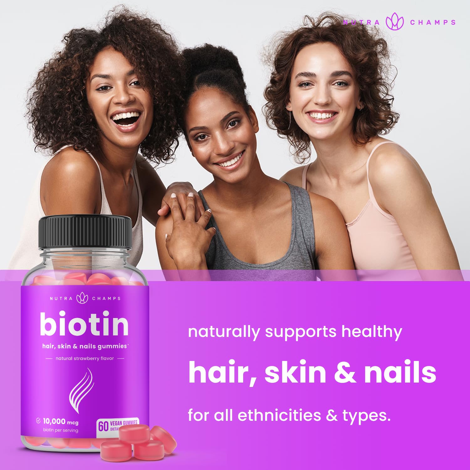 NutraChamps Biotin Gummies plant-based pectin formula for vegan biotin.
