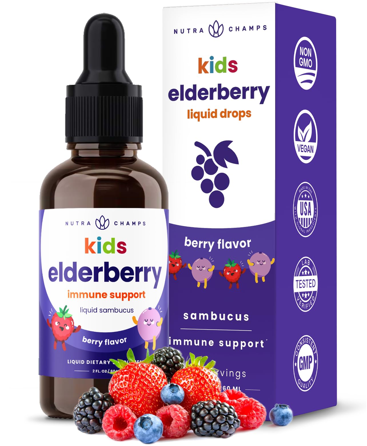 NutraChamps Black Elderberry Kids Drops bottle for immune support