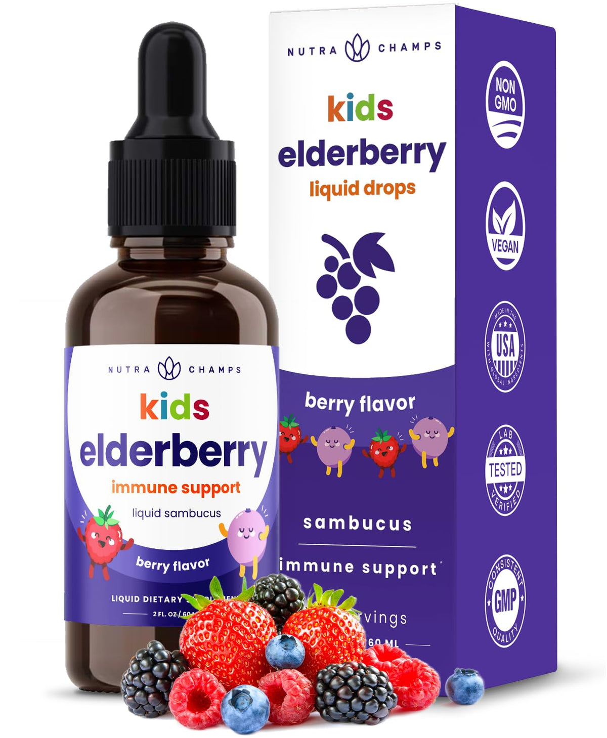 NutraChamps Black Elderberry Kids Drops bottle for immune support