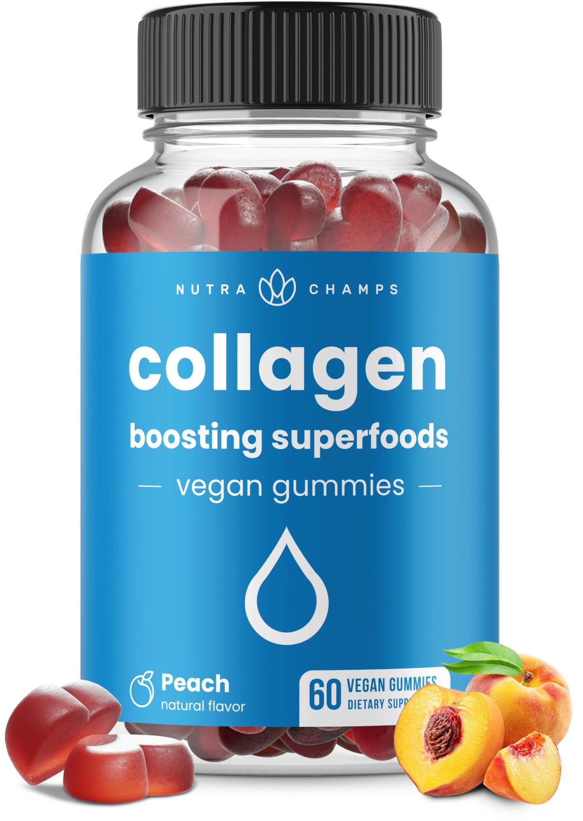 NutraChamps collagen gummies peach bottle for daily beauty support.