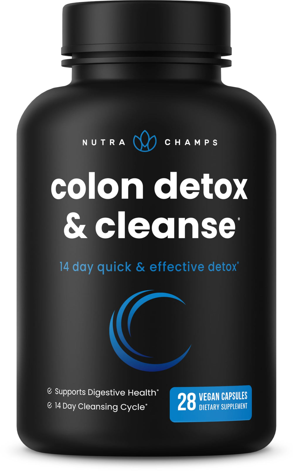NutraChamps Colon Cleanse bottle showing 14-day supply for gentle detox benefit