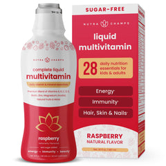 NutraChamps Complete Liquid Multivitamin bottle with raspberry flavor for daily energy