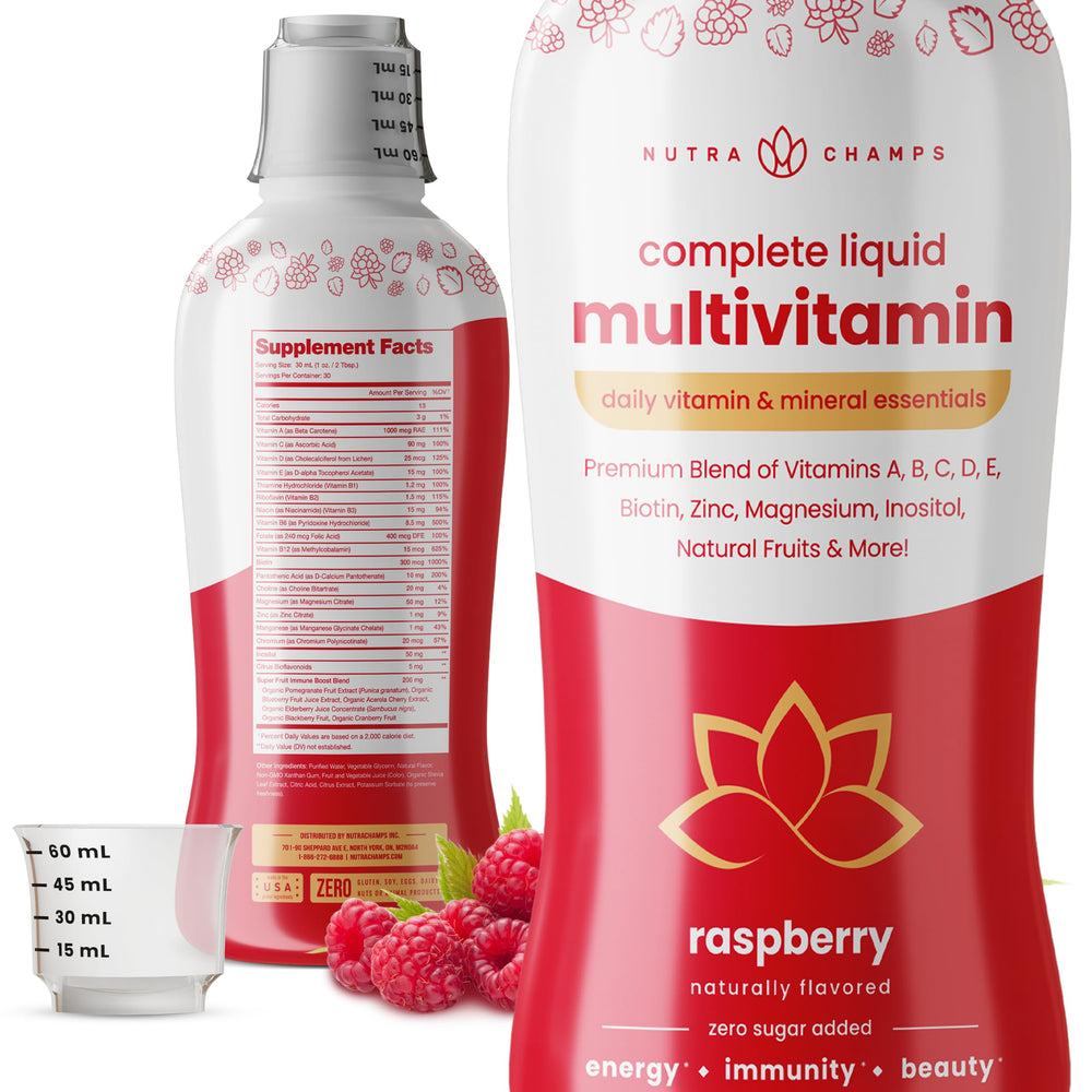 Close-up of NutraChamps ingredients featuring natural fruits in the bottle
