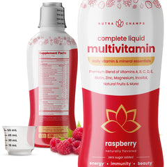 Close-up of NutraChamps ingredients featuring natural fruits in the bottle
