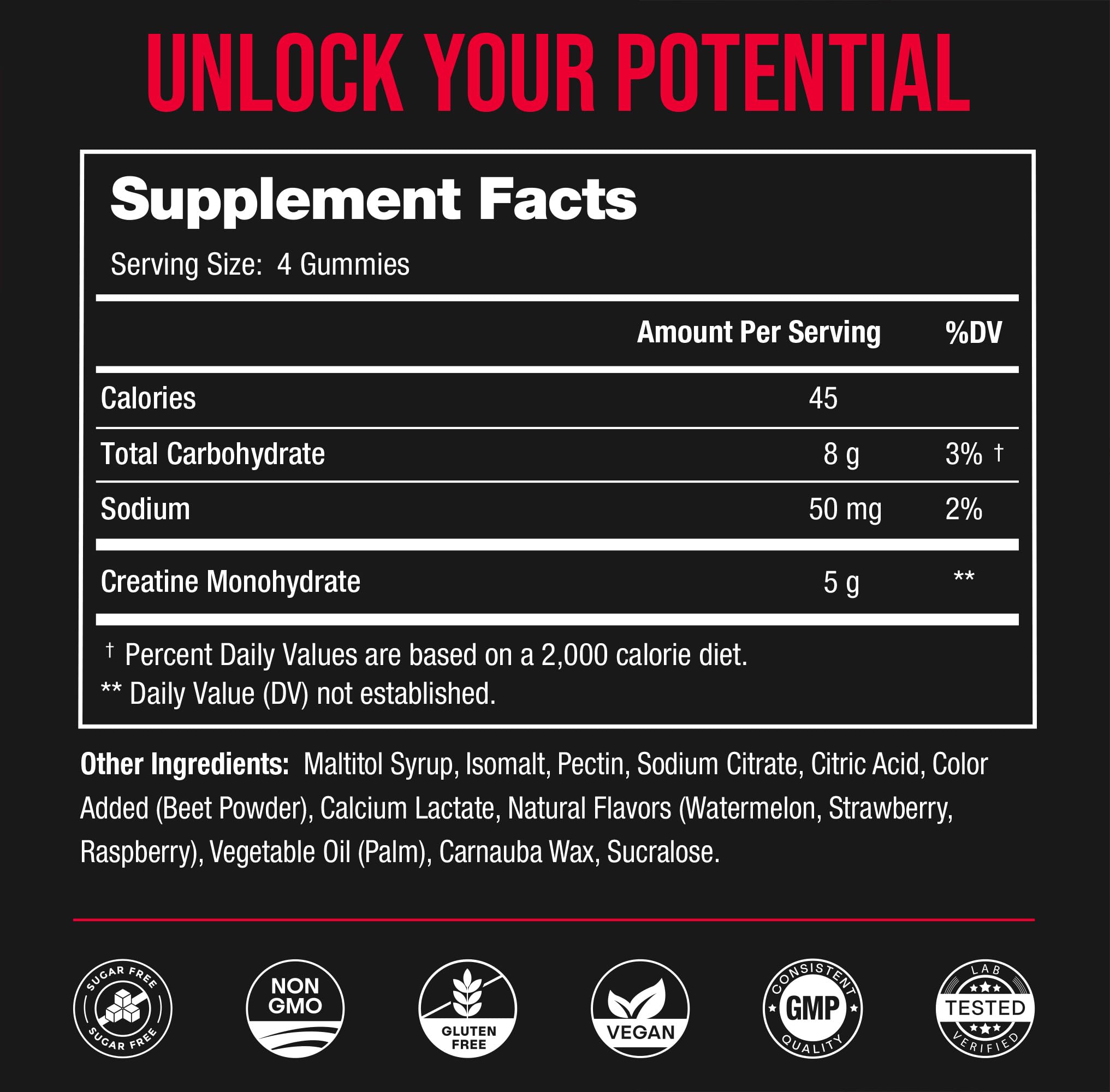 NutraChamps Creatine Gummies label highlights 5 g per serving.