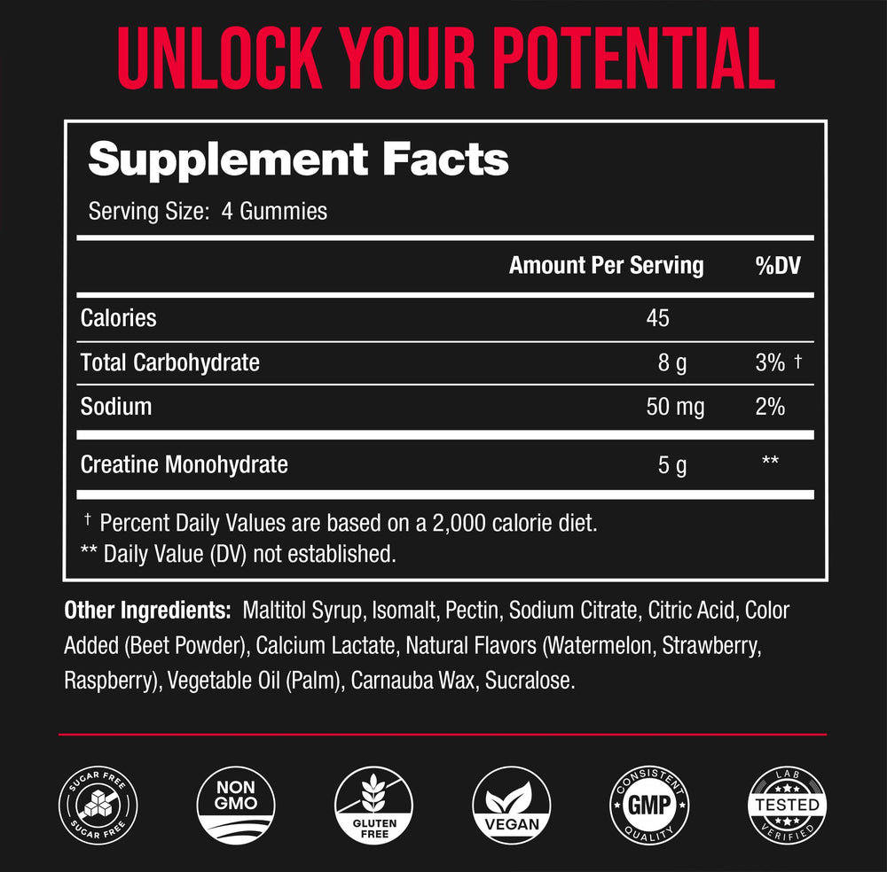 NutraChamps Creatine Gummies label highlights 5 g per serving.