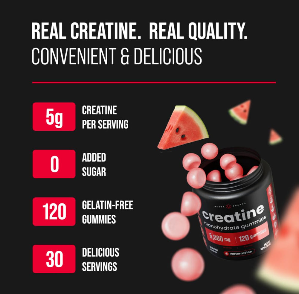 NutraChamps Creatine Gummies being poured for convenient on-the-go supplementation.