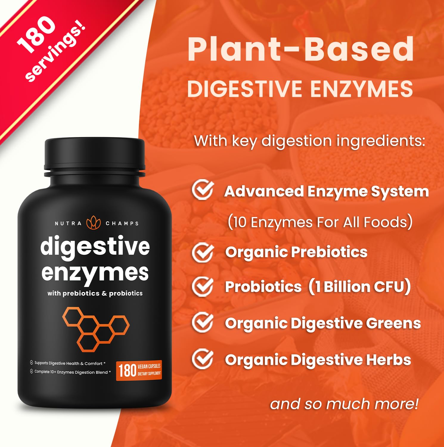 NutraChamps Digestive Enzymes capsules close-up highlighting vegan capsules for sensitive digestion.