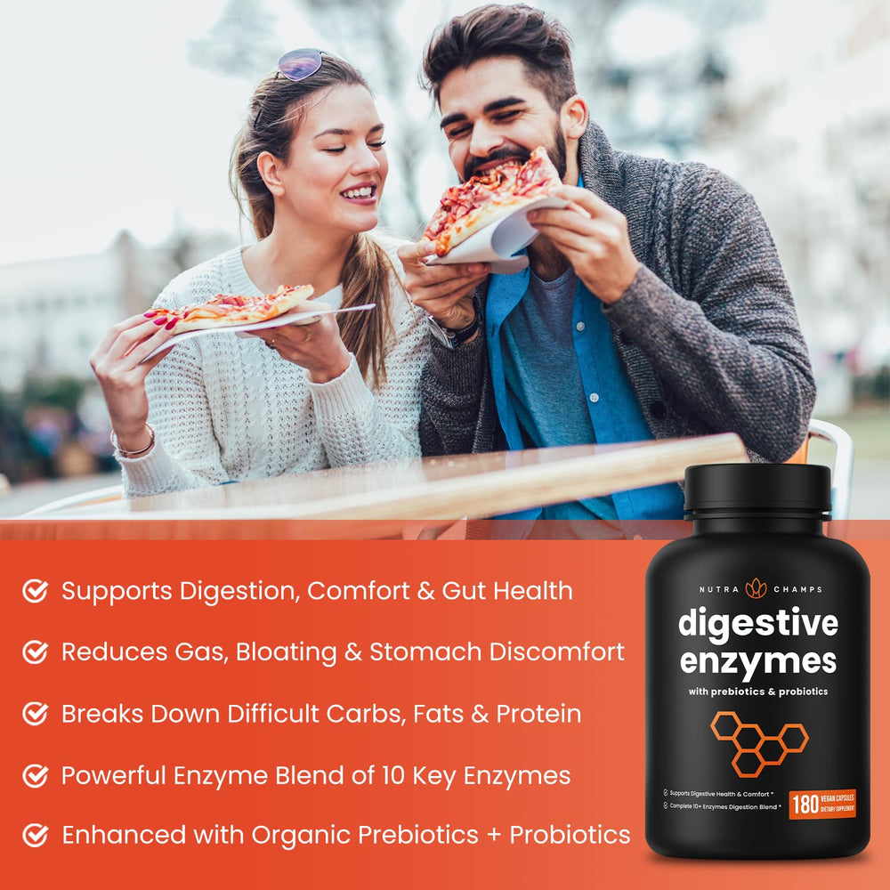 NutraChamps Digestive Enzymes label close-up emphasizing prebiotics and probiotics blend.