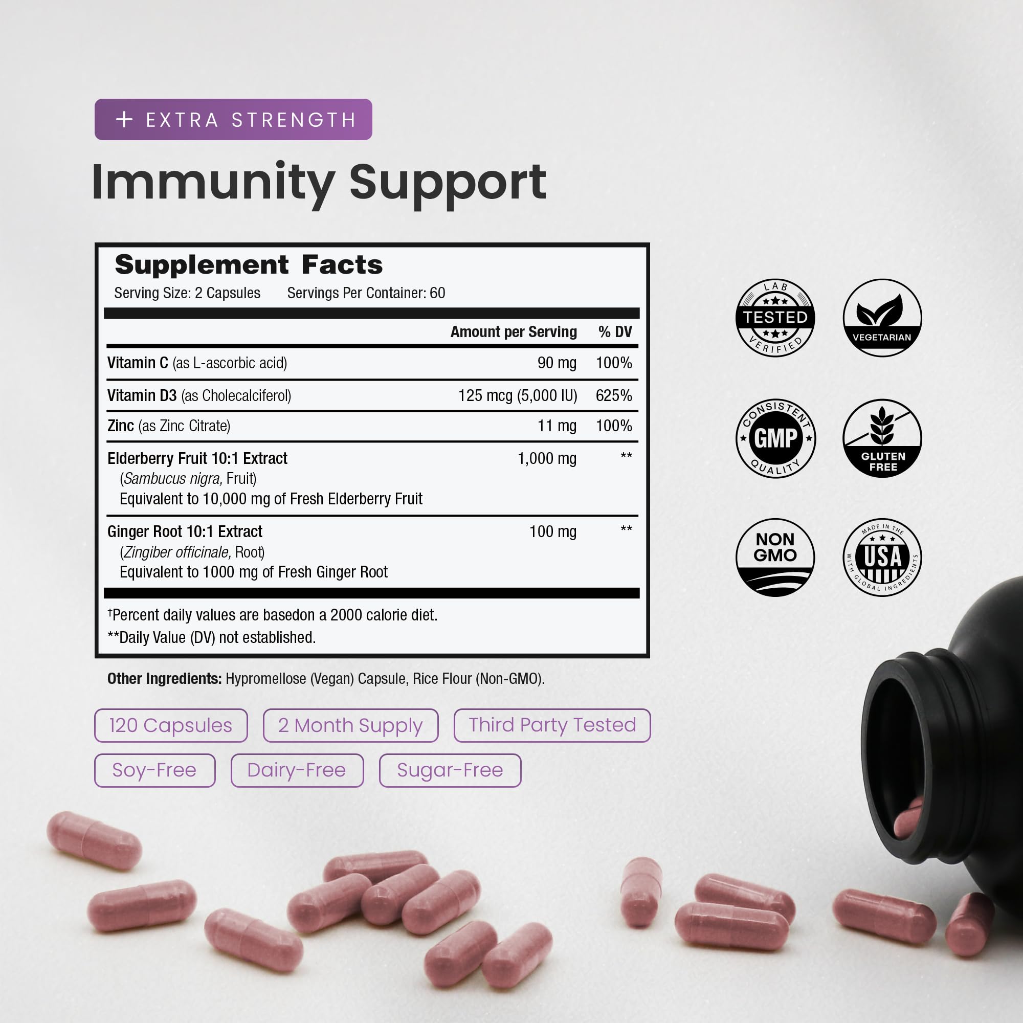 Capsules spilled on white surface signaling easy-to-take daily immune support.